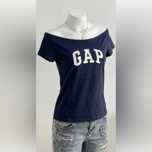 GAP Tops - GAP Navy Blue Off-Shoulder Tee with White Logo